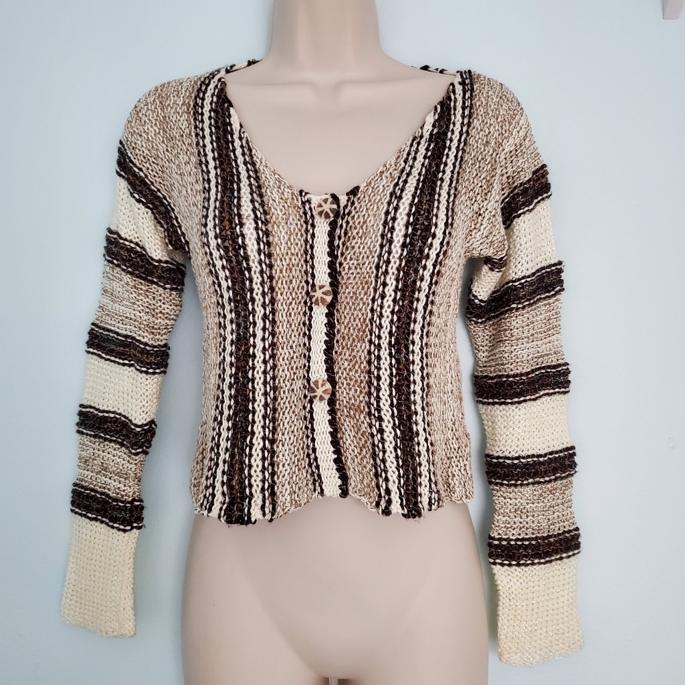 Double U Hand Knit Brown & Cream Striped Cardigan Sweater